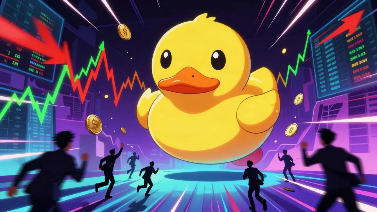 Stylized yellow duck floating amidst chaotic stock market charts and neon lights.