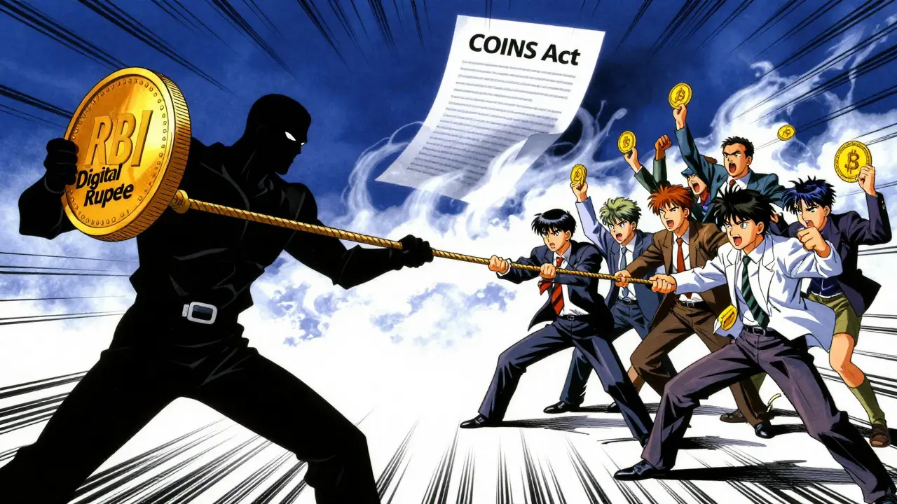 Symbolic anime battle between government regulators and crypto traders under a looming law document.