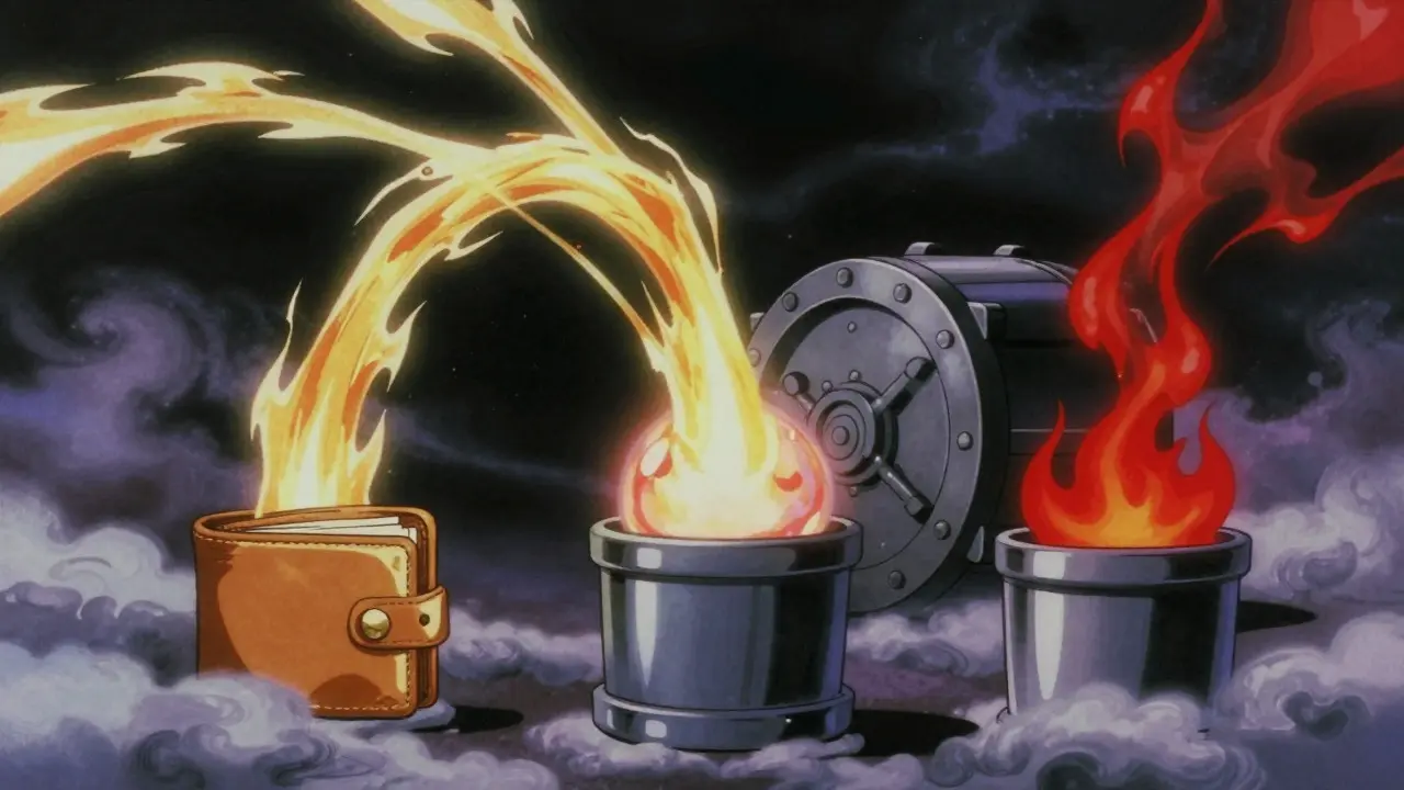 Three colored energy streams flowing into different containers in an anime style