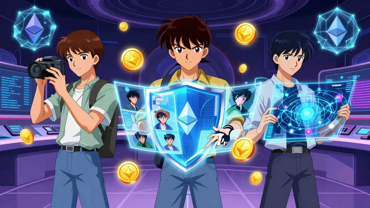 Three figures exchanging tokens and data in a digital network