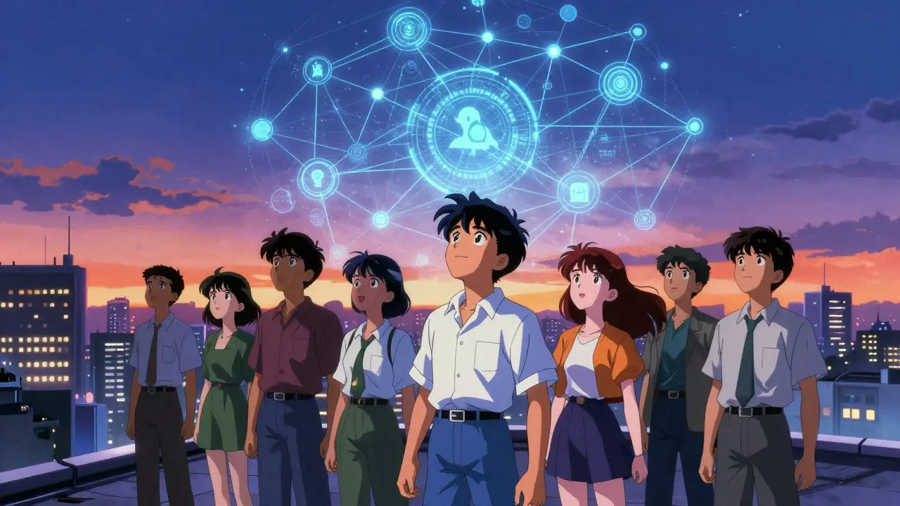 Young Indian tech enthusiasts on a rooftop viewing holographic blockchain networks over a futuristic city.