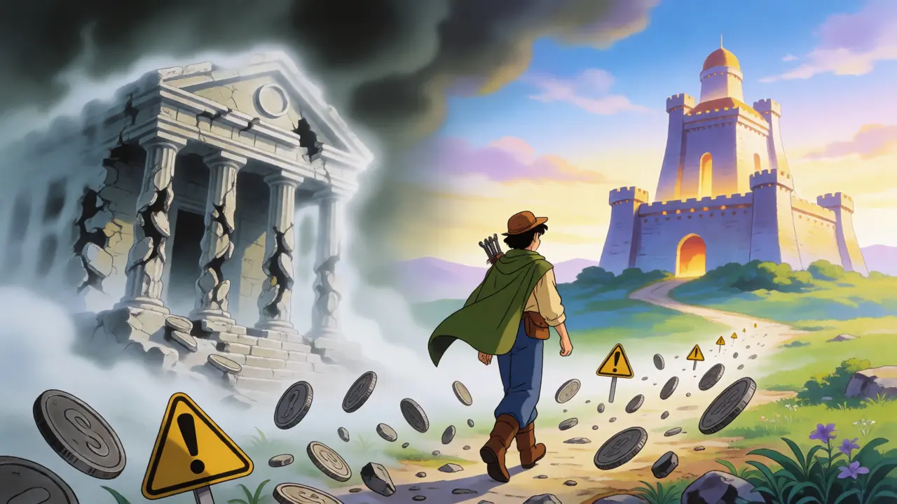 A traveler leaves a ghostly crypto platform for a secure, glowing exchange fortress.