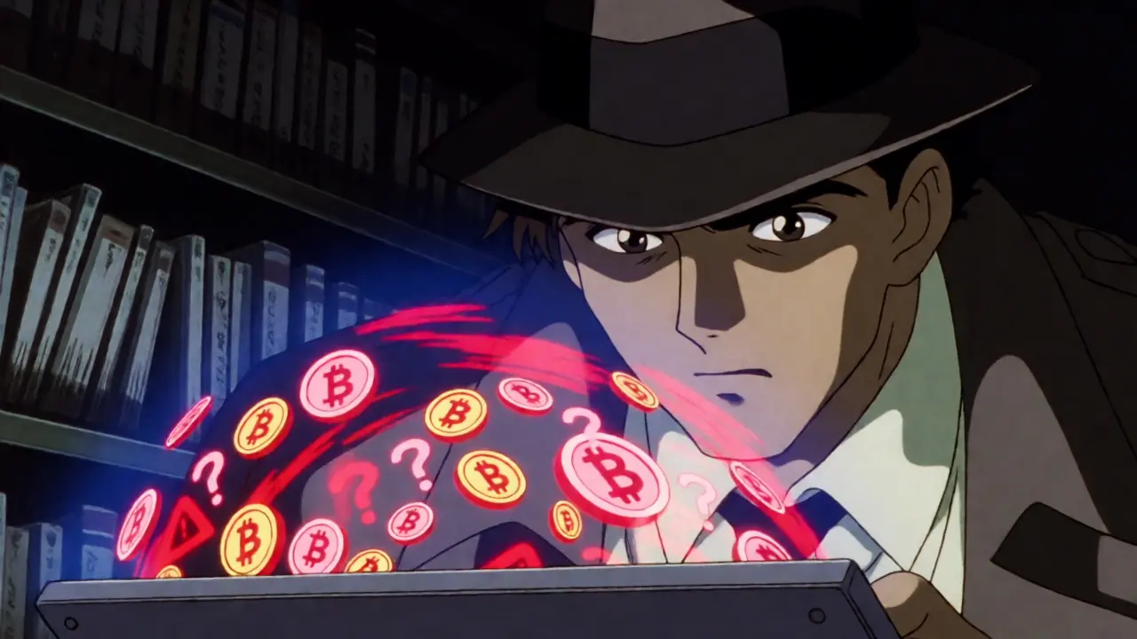 An anime detective examines a chaotic hologram of crypto warnings and missing data.