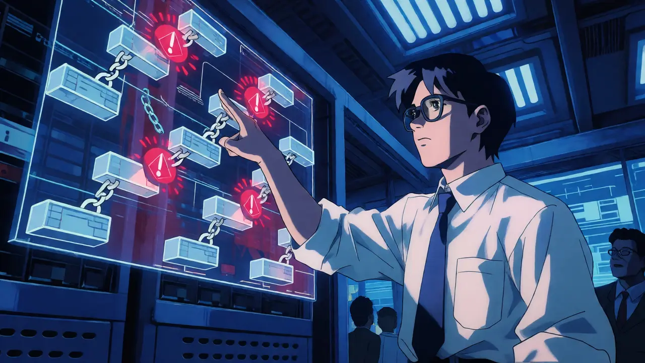 Anime analyst examining blockchain security risks in server room