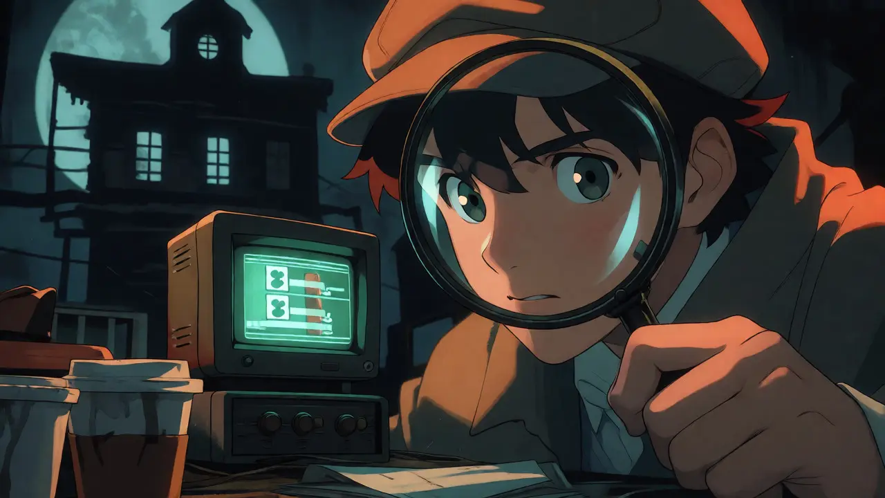 Anime analyst inspecting a niche DEX interface in a dimly lit room