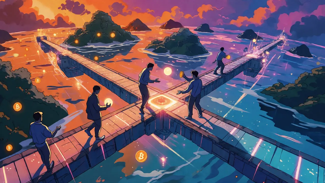 Anime avatars exchanging glowing tokens across a digital bridge connecting Bitcoin and Ethereum inspired islands.