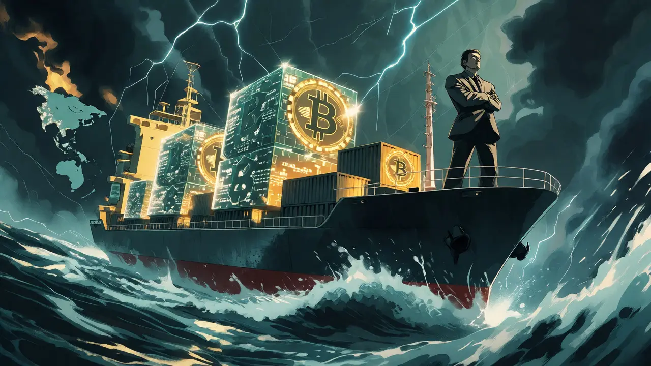 Anime cargo ship carrying digital assets across stormy ocean