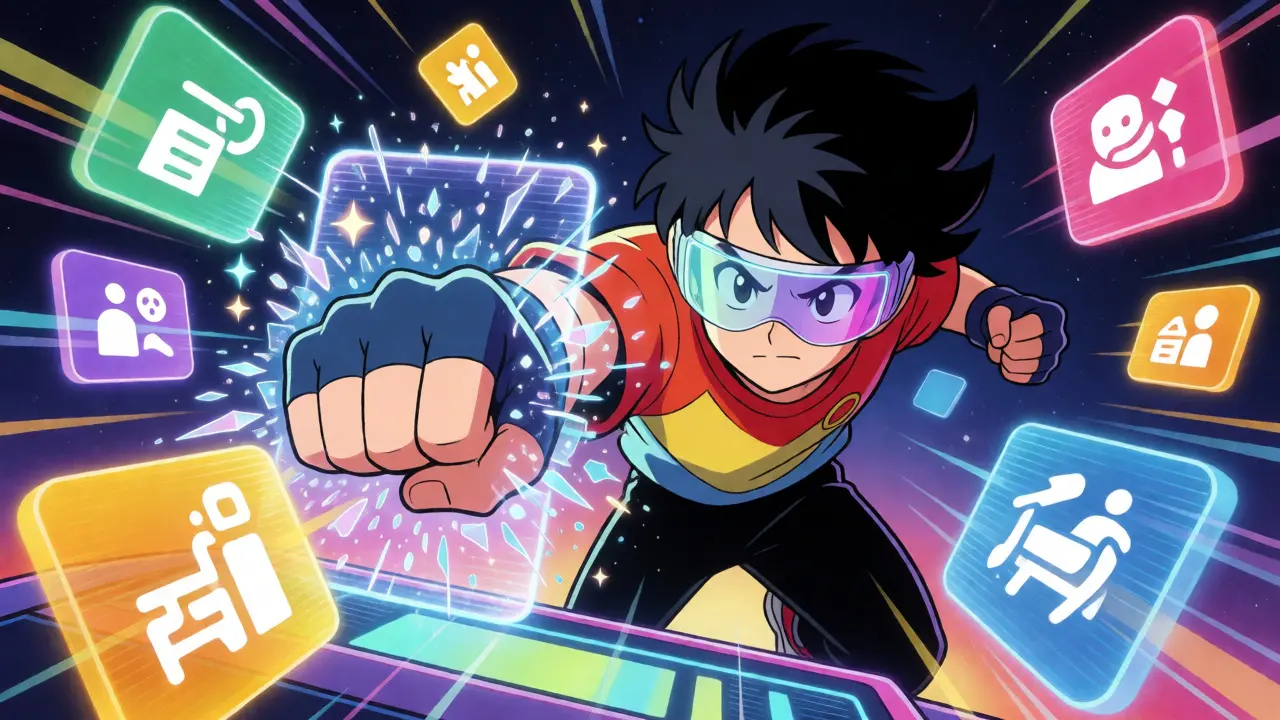 Anime character battling holographic barriers in a digital arcade