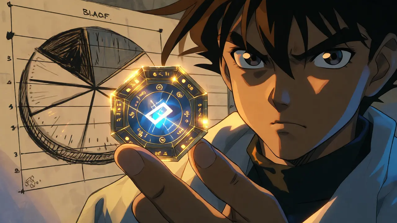 Anime character holding glowing digital tokens with a sketchy pie chart background highlighting community allocation.