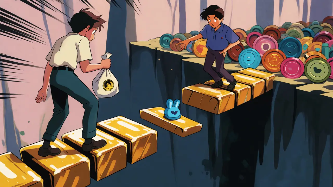 Anime characters crossing a narrow bridge representing low liquidity risks