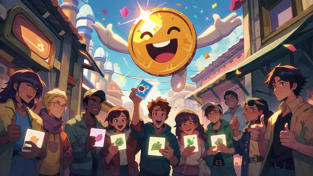 Anime community celebrating with ingredient cards in a market
