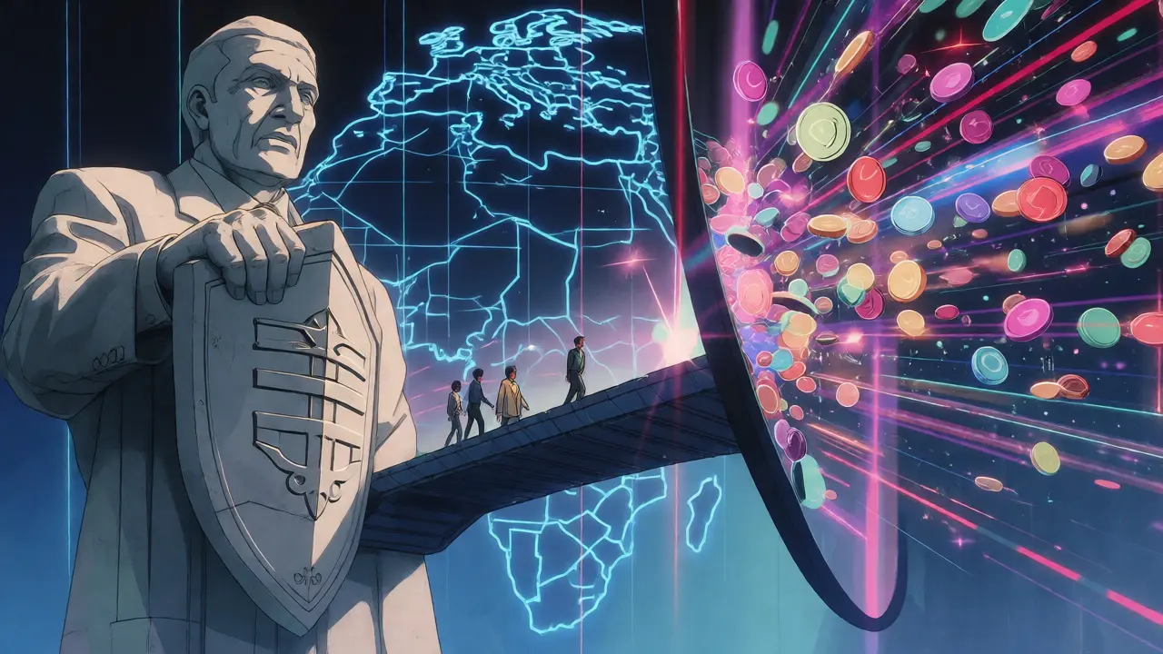 Anime style clash between traditional banking and digital currency