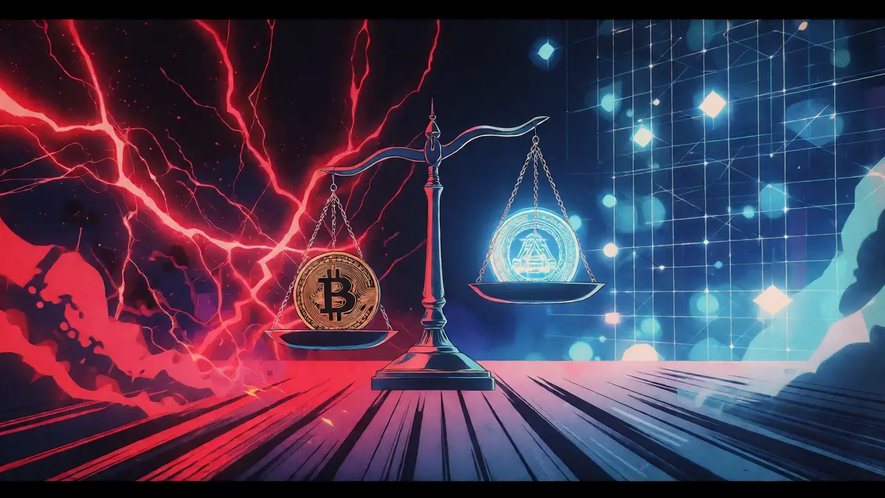 Anime-style comparison of volatile crypto vs stable CBDC technology