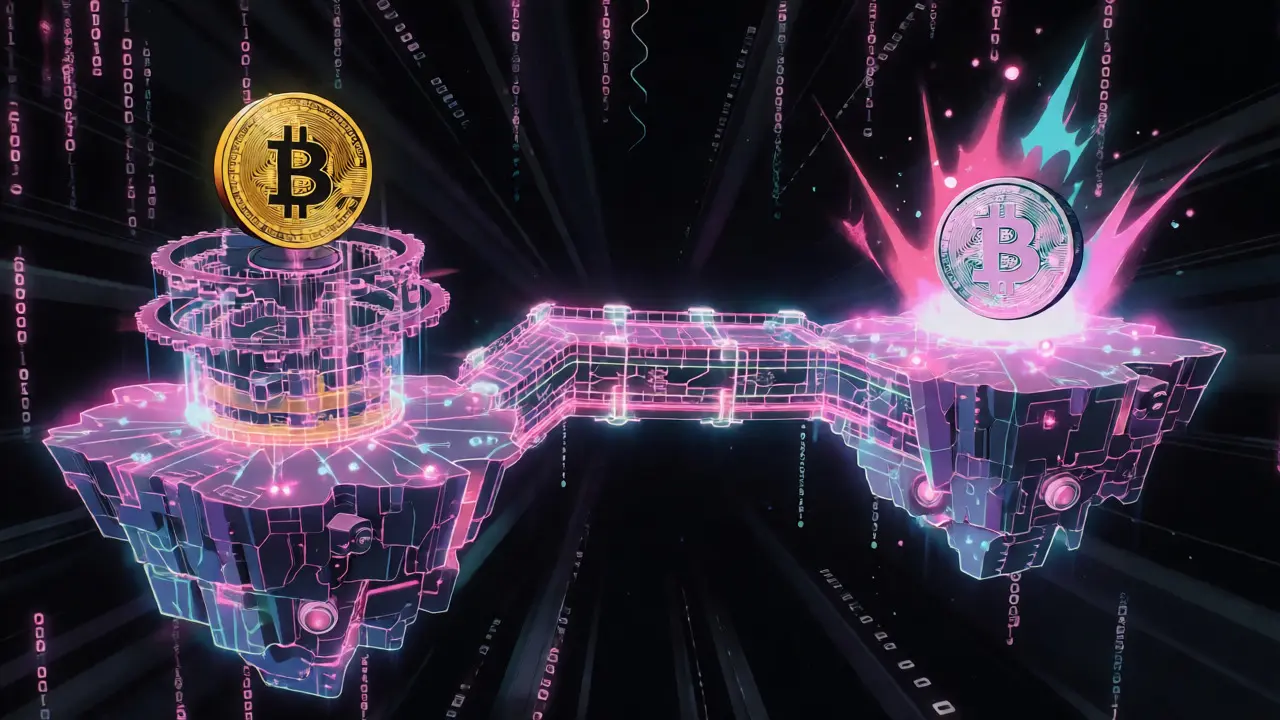 Anime-style mechanical bridge locking coins on one chain and minting on another