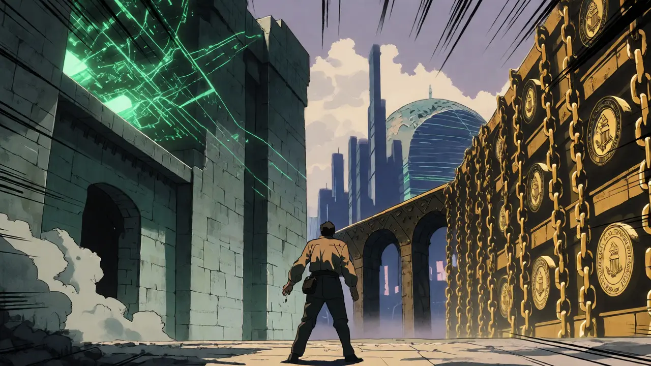 Anime-style visualization of a trader trapped between Iranian state surveillance and US sanctions walls.