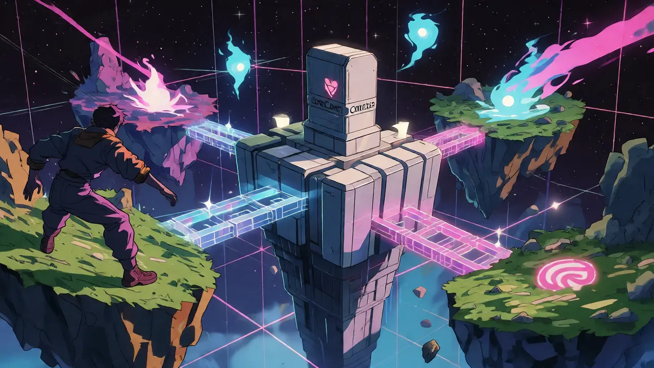Anime visualization of Holograph relayers connecting blockchain islands via light bridges