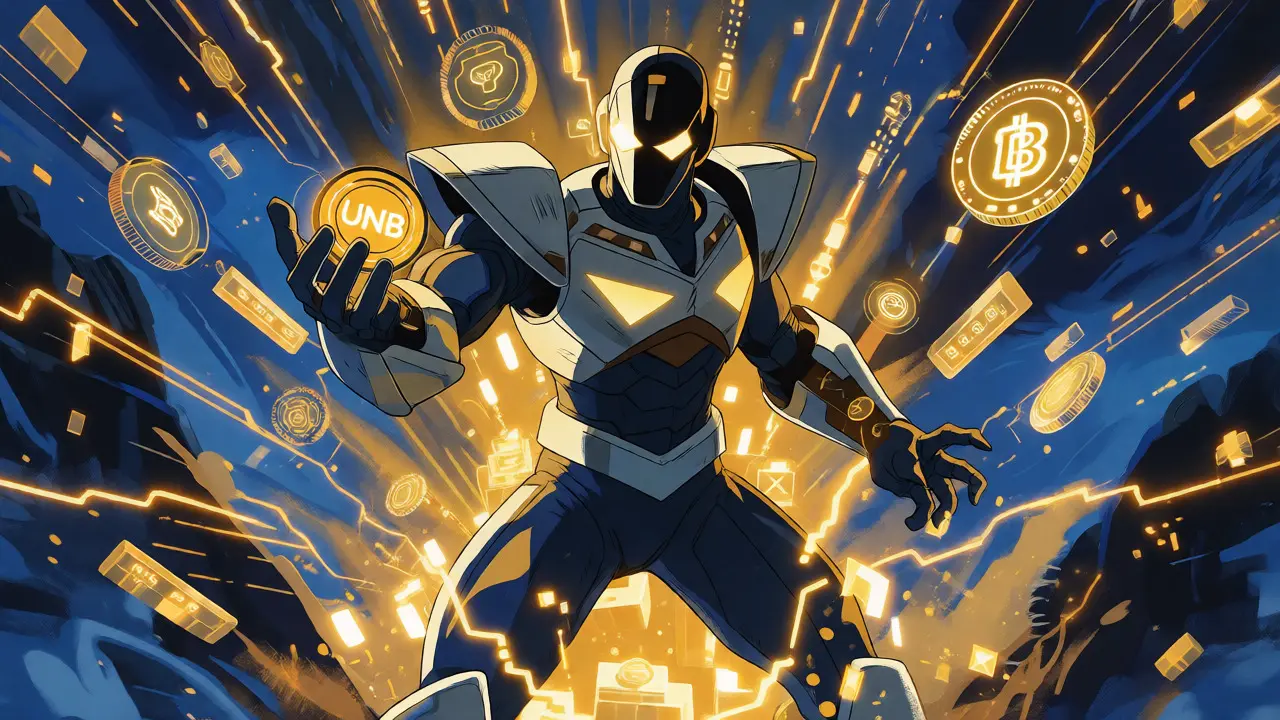 Armored superhero emerging from golden blockchain data streams with floating utility icons.