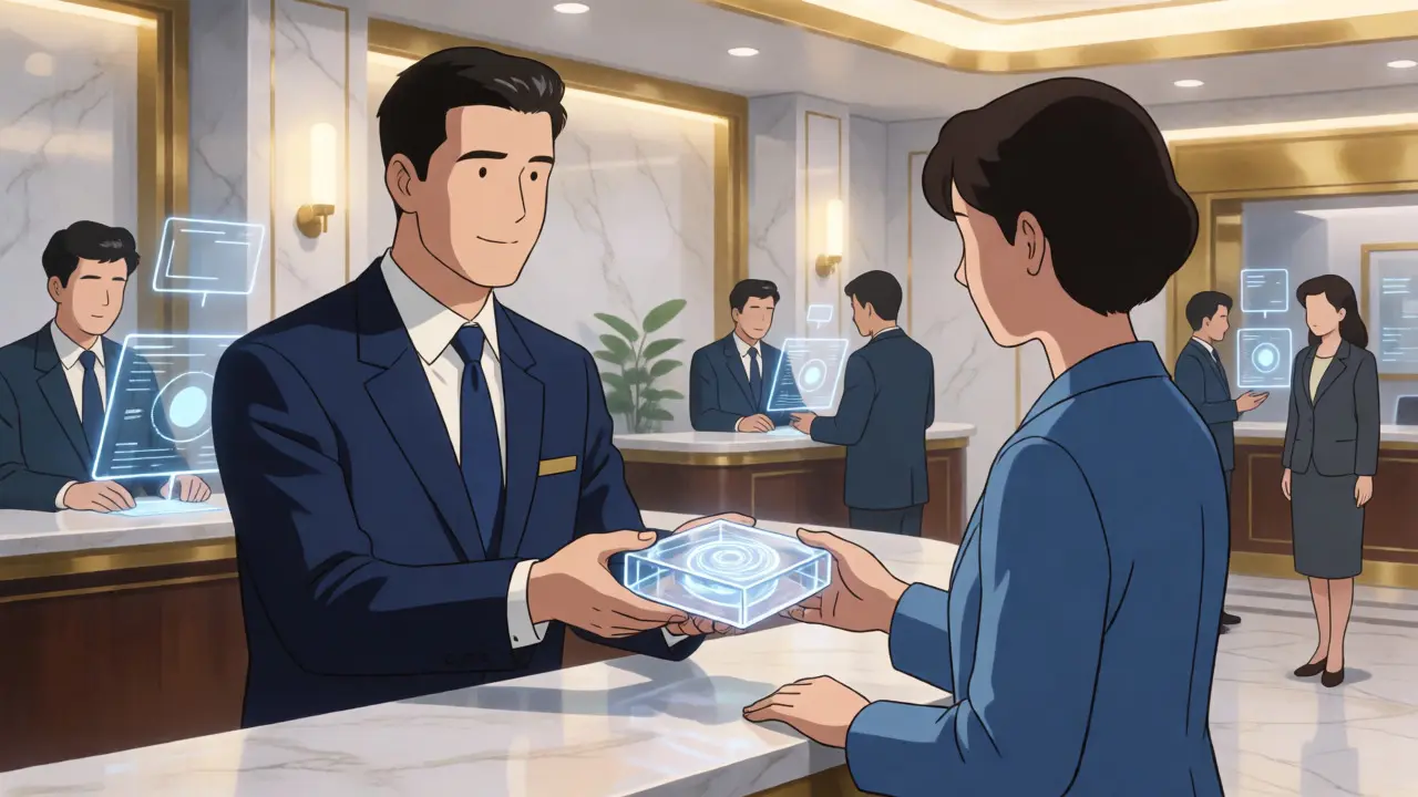 Banker handing a digital asset block to a customer in a retro-futuristic lobby