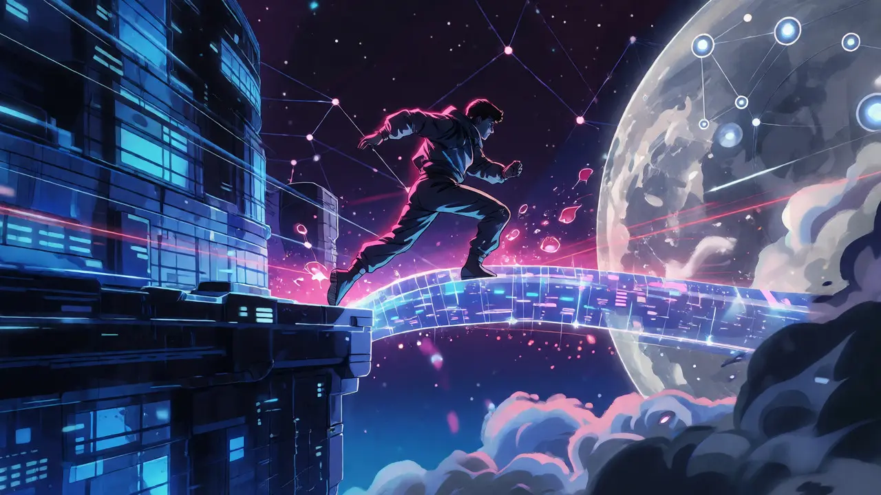 Character bridging two distinct digital worlds in 90s cyberpunk anime style