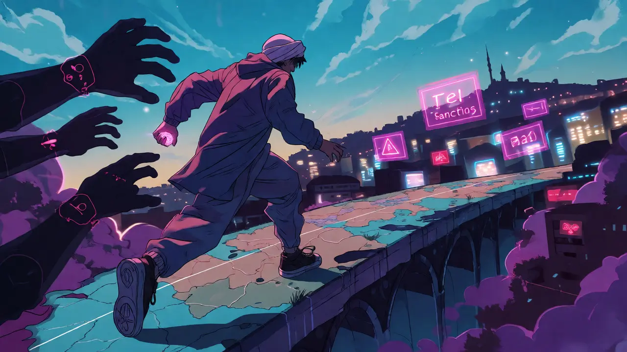 Character running from Tehran towards Istanbul, escaping shadowy sanction hands while holding a stablecoin.