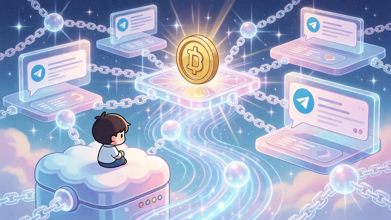 Chibi character on a server block overlooking a glowing blockchain network