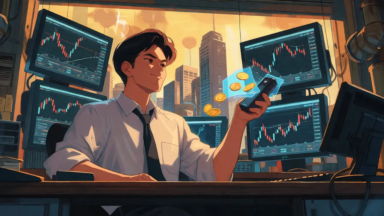Confident anime trader securing assets with hardware wallet