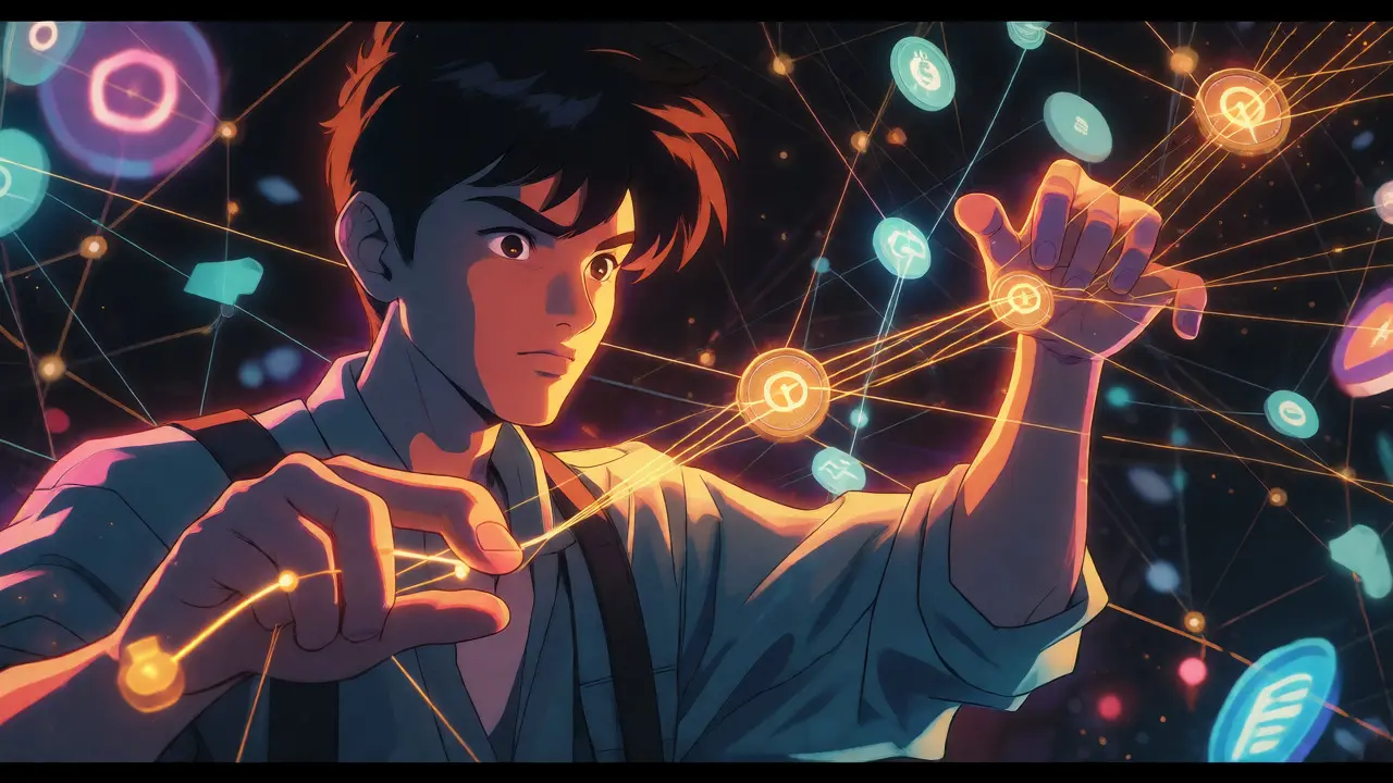 Cyber-trader weaving digital assets into a unified index in retro anime style.