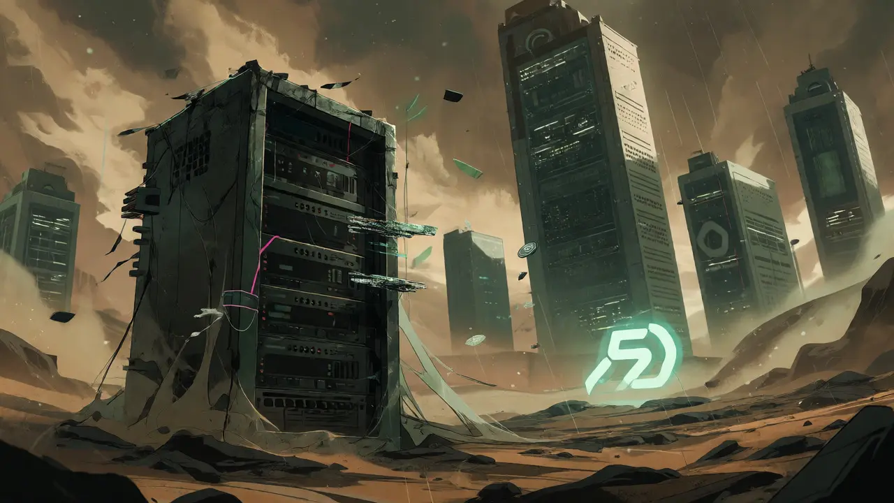 Desolate digital landscape with an abandoned server and fading crypto logo.