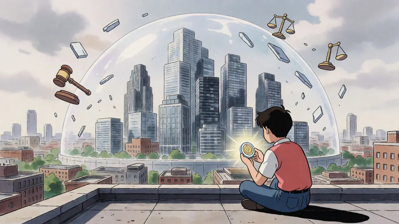 Developer viewing Digital Pound sandbox dome over London in 90s anime