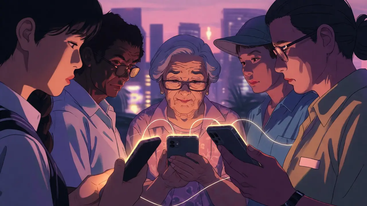Diverse group connected by glowing digital threads in anime aesthetic