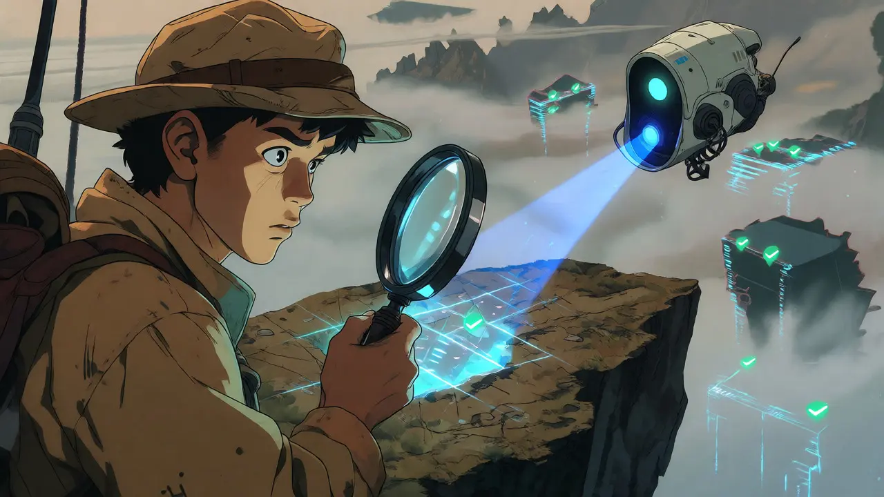 Explorer using a magnifying glass to navigate a foggy digital landscape with a robot companion.