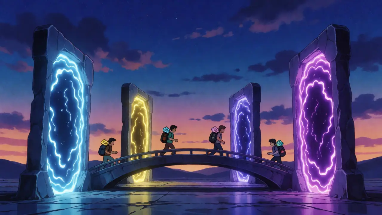 Four colorful blockchain portals connected by a bridge in twilight
