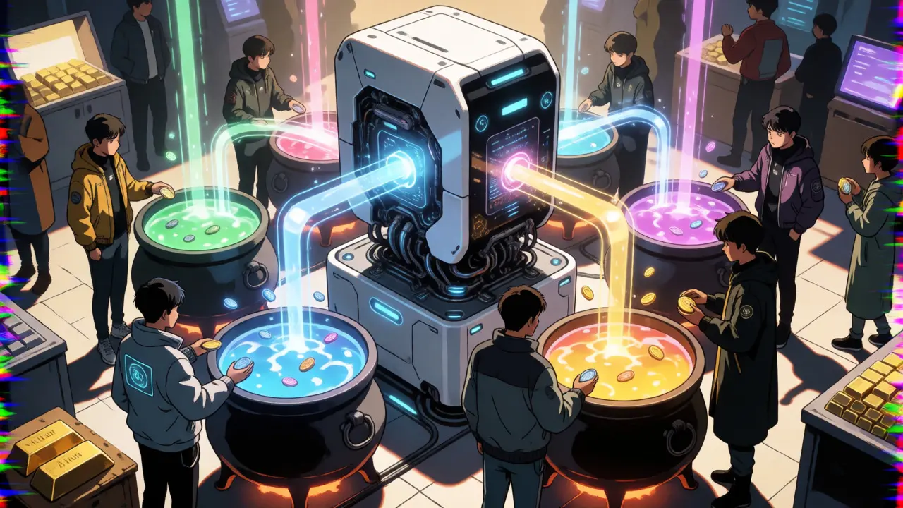 Futuristic AMM engine processing token swaps in a cyberpunk market