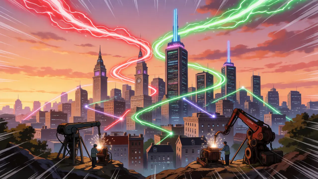 Futuristic city skyline with intertwined energy streams and mining operations