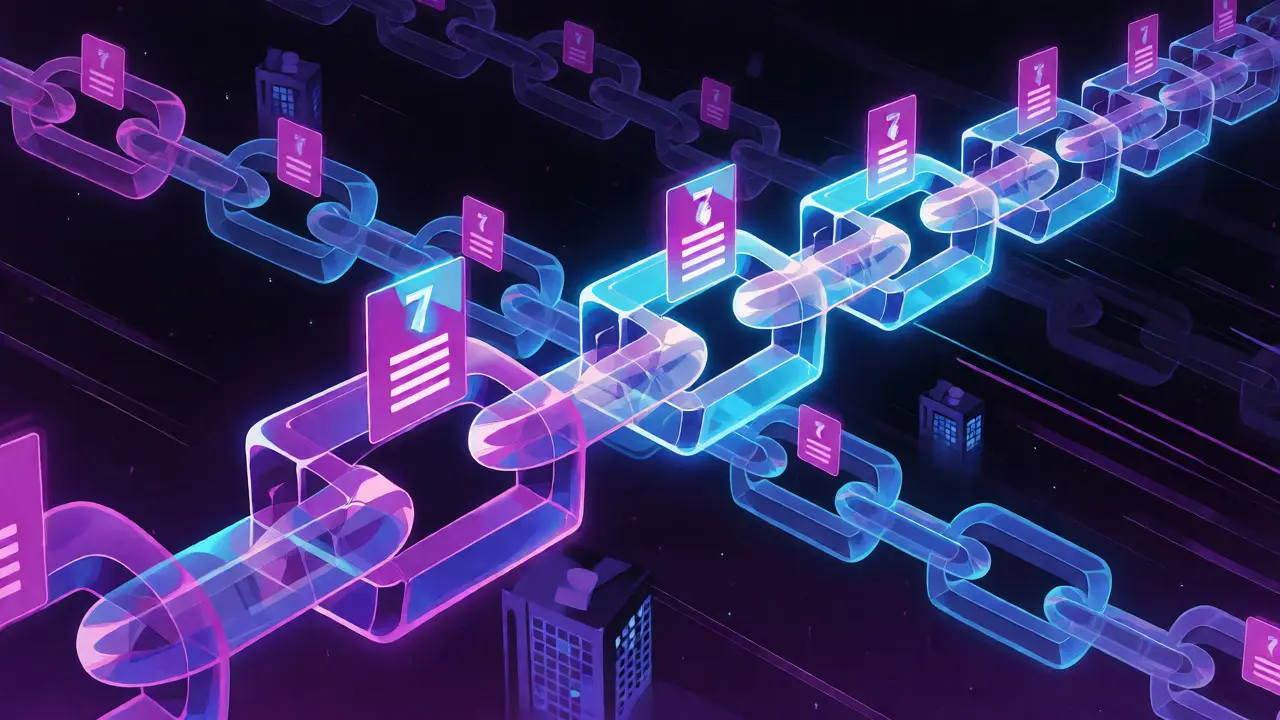 Glowing blockchain ledger connecting hospitals with pointer cards