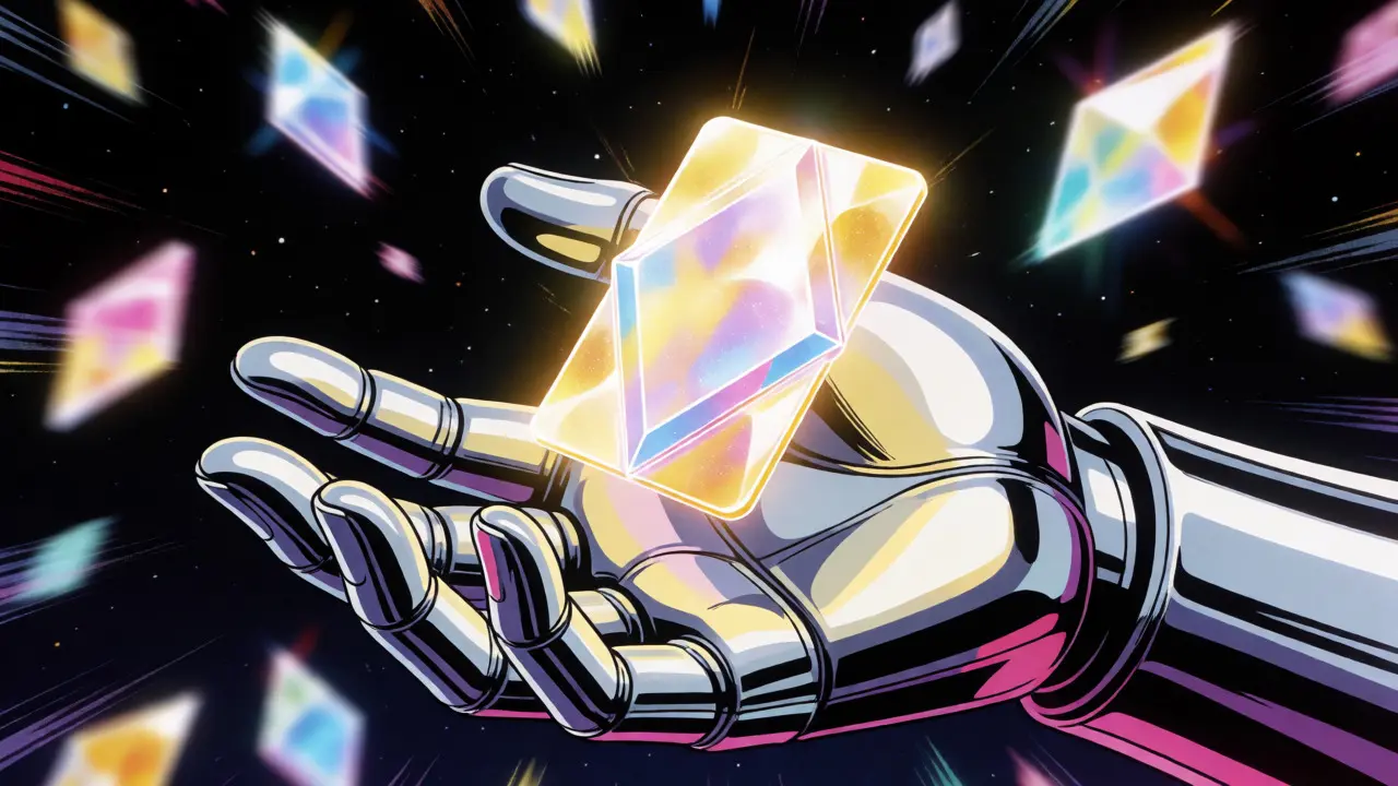 Hand catching a glowing diamond-shaped NFT reward in dark space