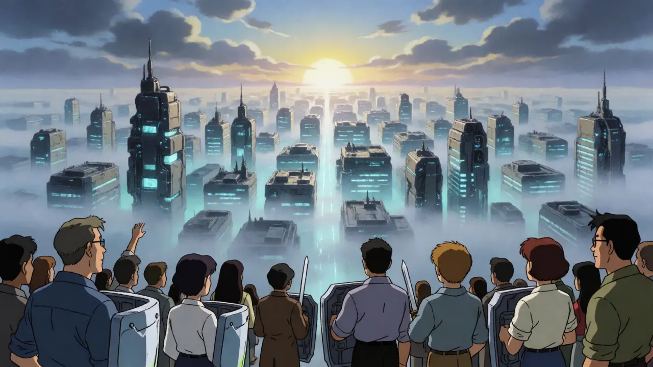 Investors with Bitcoin shields watching a city recover in anime style