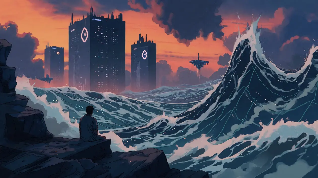 Lone figure observing volatile market seas with looming exchange towers in background.