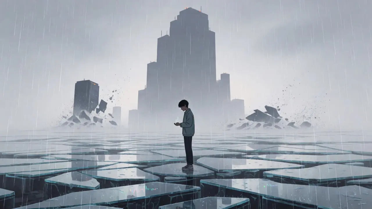 Lone figure watching WINGS tokens dissolve in a desolate digital landscape