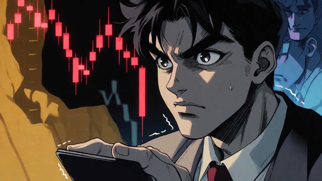 Manga-style investor watching a red stock chart crash dramatically.