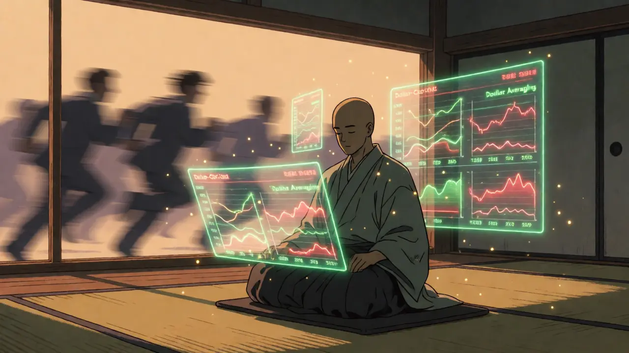 Monk meditating with rising charts illustrating dollar-cost averaging