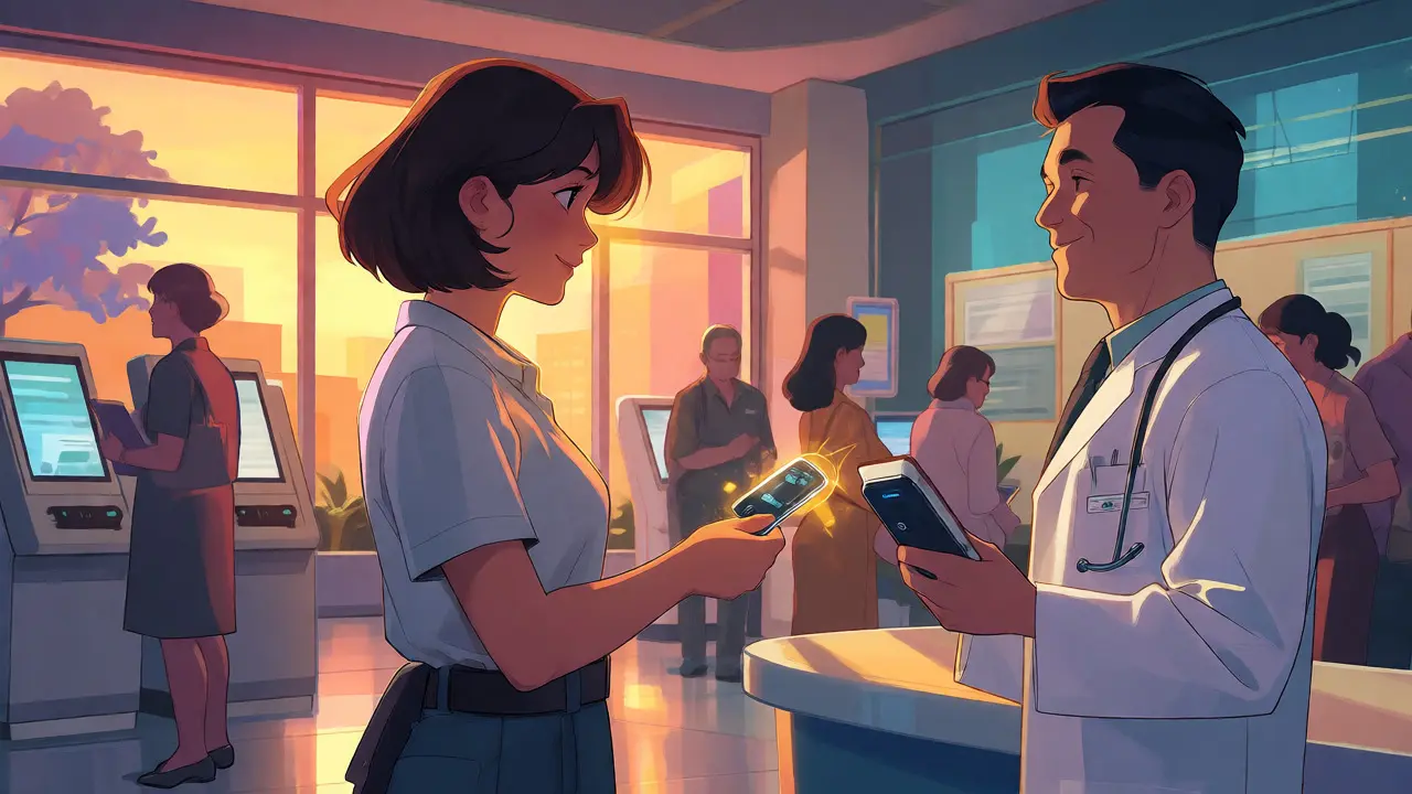 Patient handing glowing digital key to doctor for record access