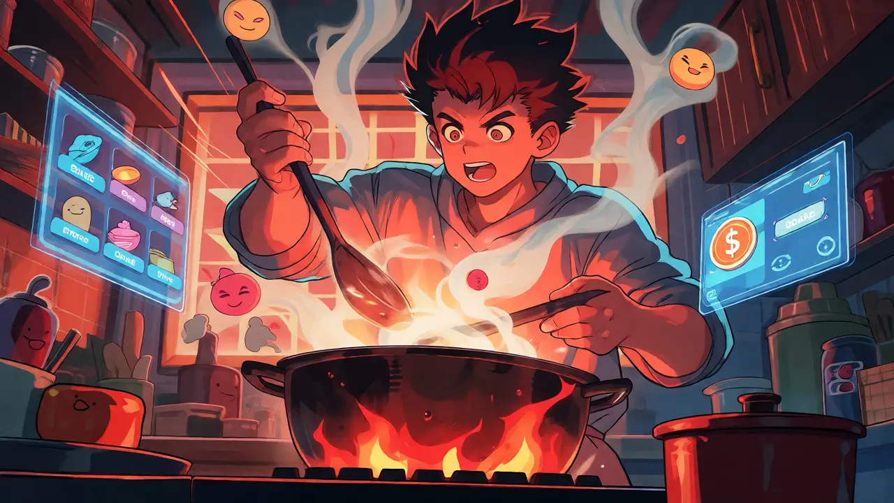 Protagonist cooking in a virtual kitchen with token spirits rising
