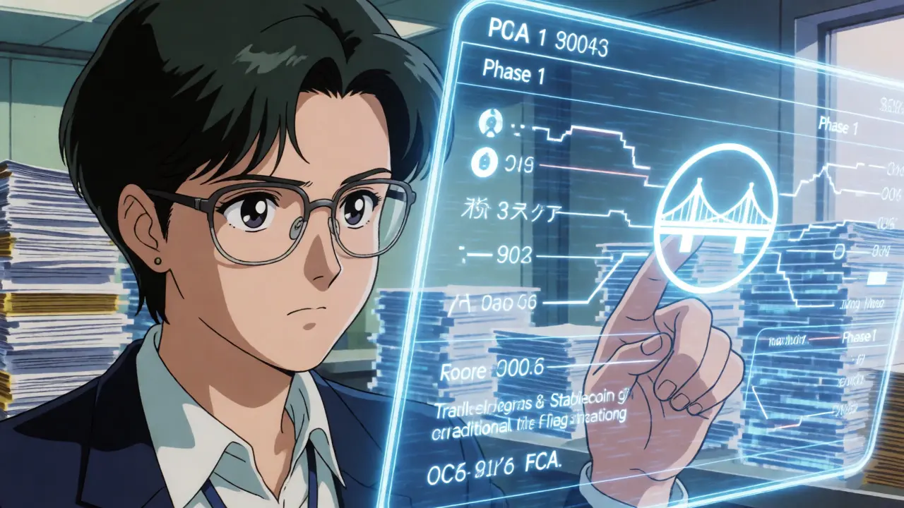 Regulator analyzing stablecoin data on holographic screens in anime style