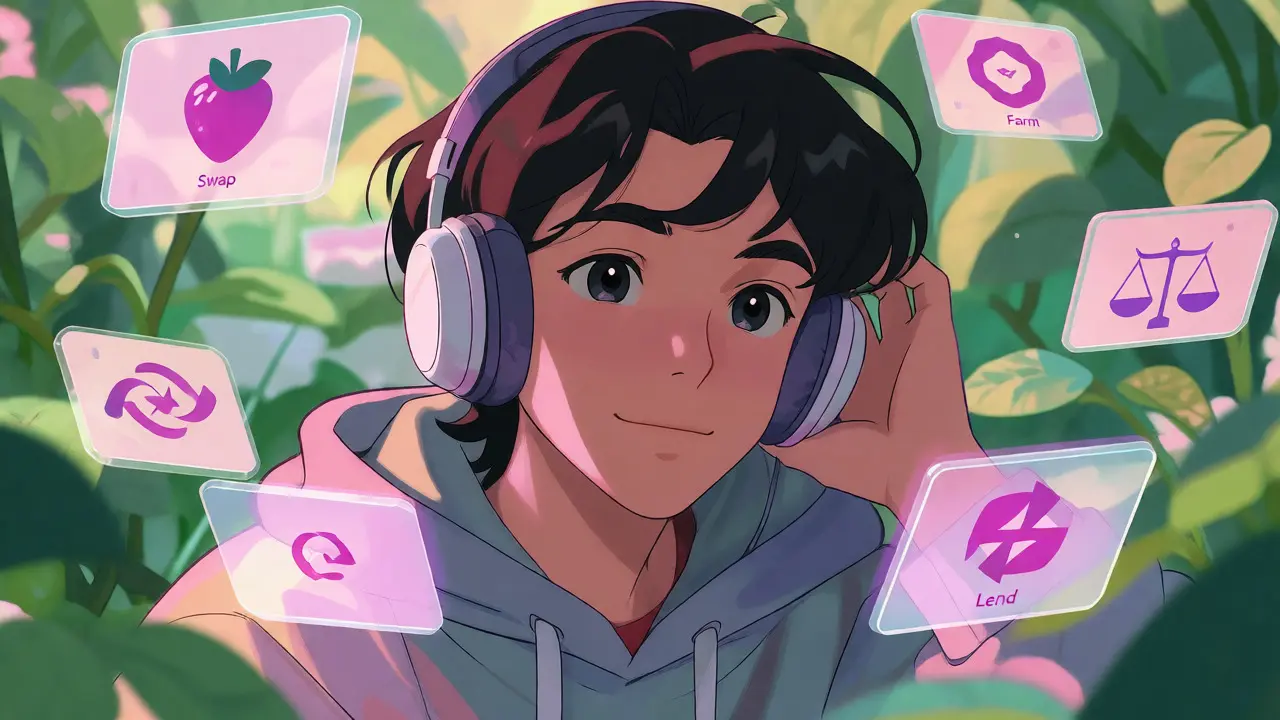 Relaxed anime user surrounded by floating DeFi function icons in a digital garden
