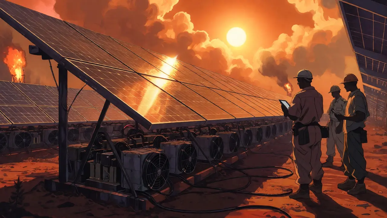 Solar-powered crypto mining farm operating near Niger Delta oil fields.