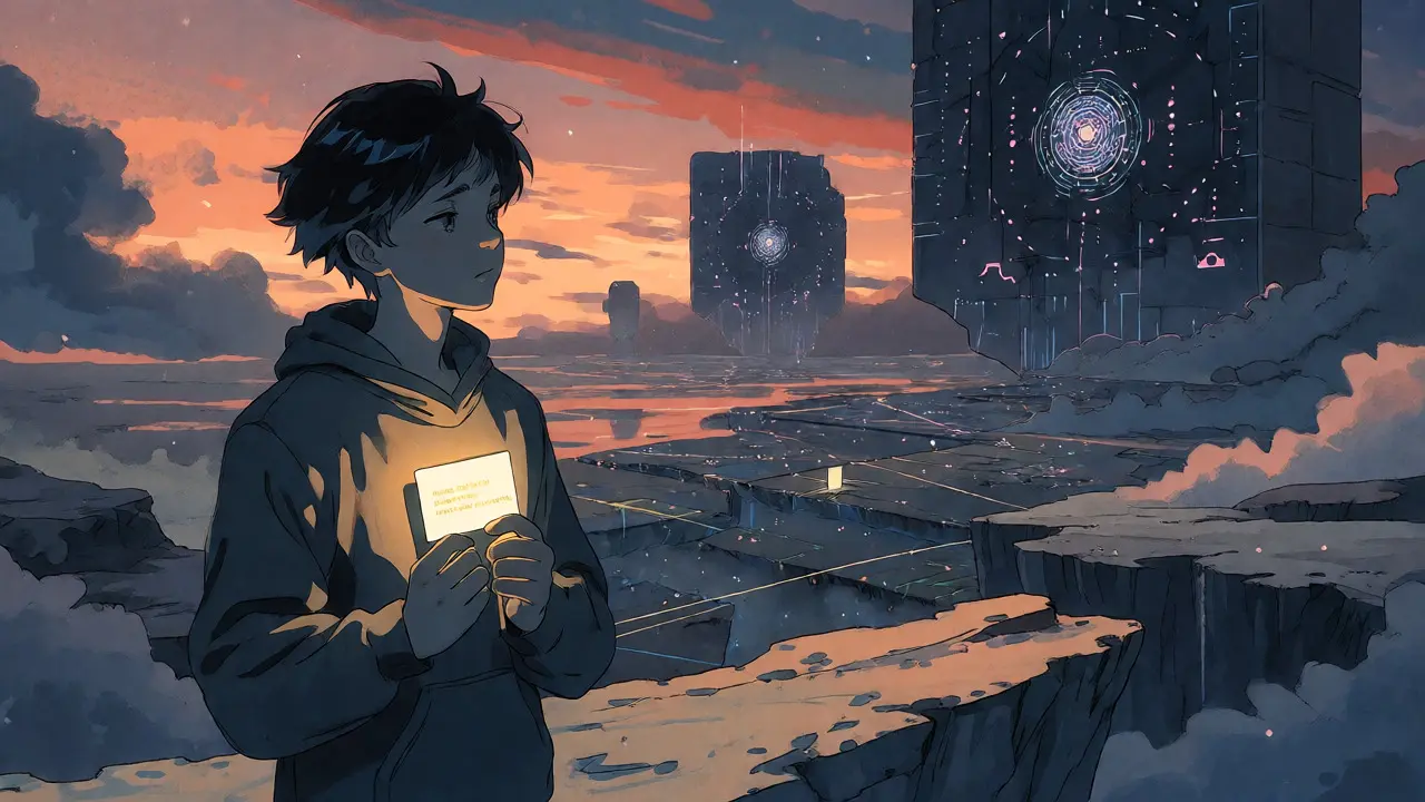 Solitary anime figure holding seed phrase looking over fragmented digital blockchain landscape