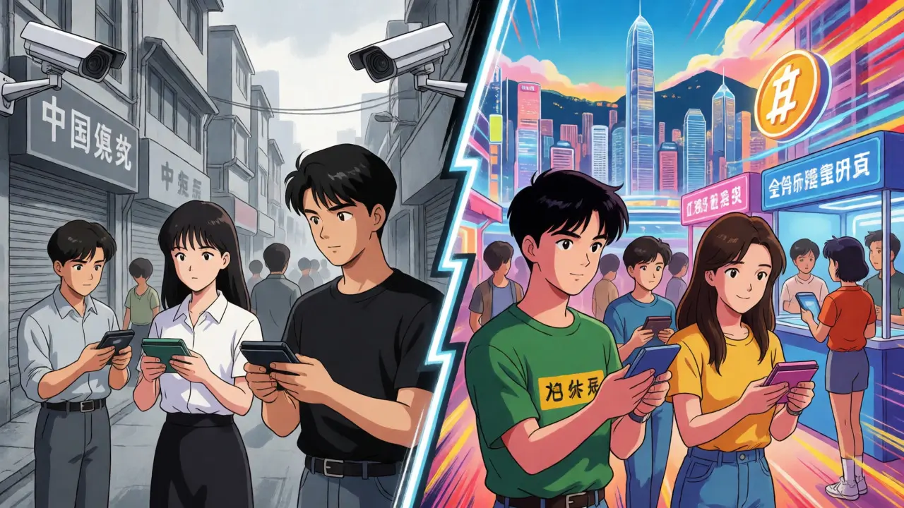 Split view contrasting restricted mainland China with regulated Hong Kong crypto markets.