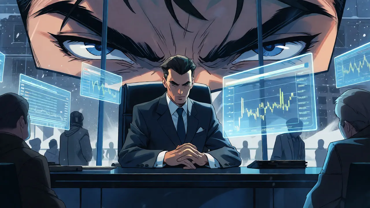 Wealthy anime investor viewing crypto charts in exclusive office
