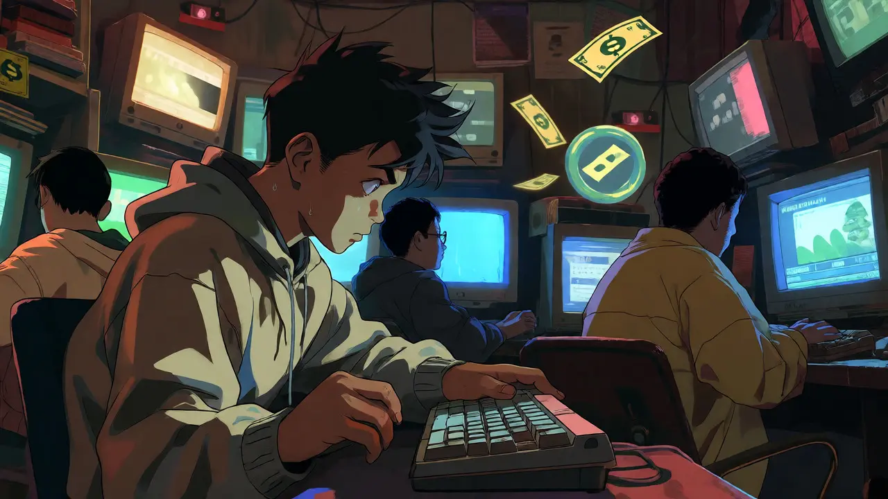 Youth trading crypto in dim internet cafe with CRT monitors